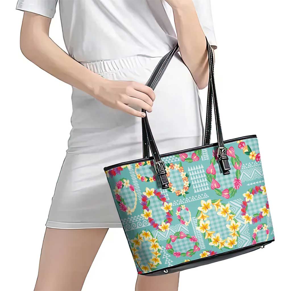 Hawaiian Leis Leather Tote Bag Kakau Tattoos and Palaka Pastel Teal Color