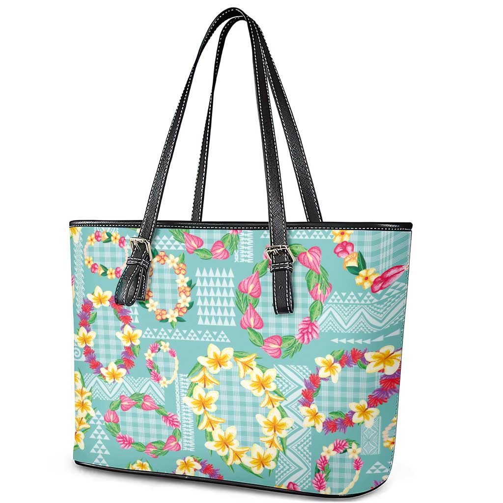 Hawaiian Leis Leather Tote Bag Kakau Tattoos and Palaka Pastel Teal Color