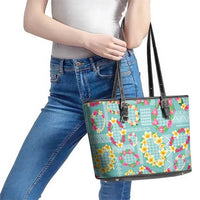 Hawaiian Leis Leather Tote Bag Kakau Tattoos and Palaka Pastel Teal Color