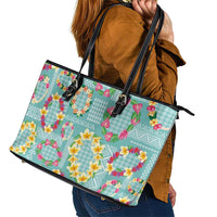 Hawaiian Leis Leather Tote Bag Kakau Tattoos and Palaka Pastel Teal Color