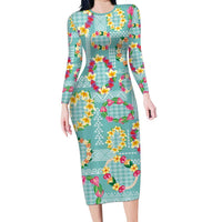Hawaiian Leis Long Sleeve Bodycon Dress Kakau Tattoos and Palaka Pastel Teal Color