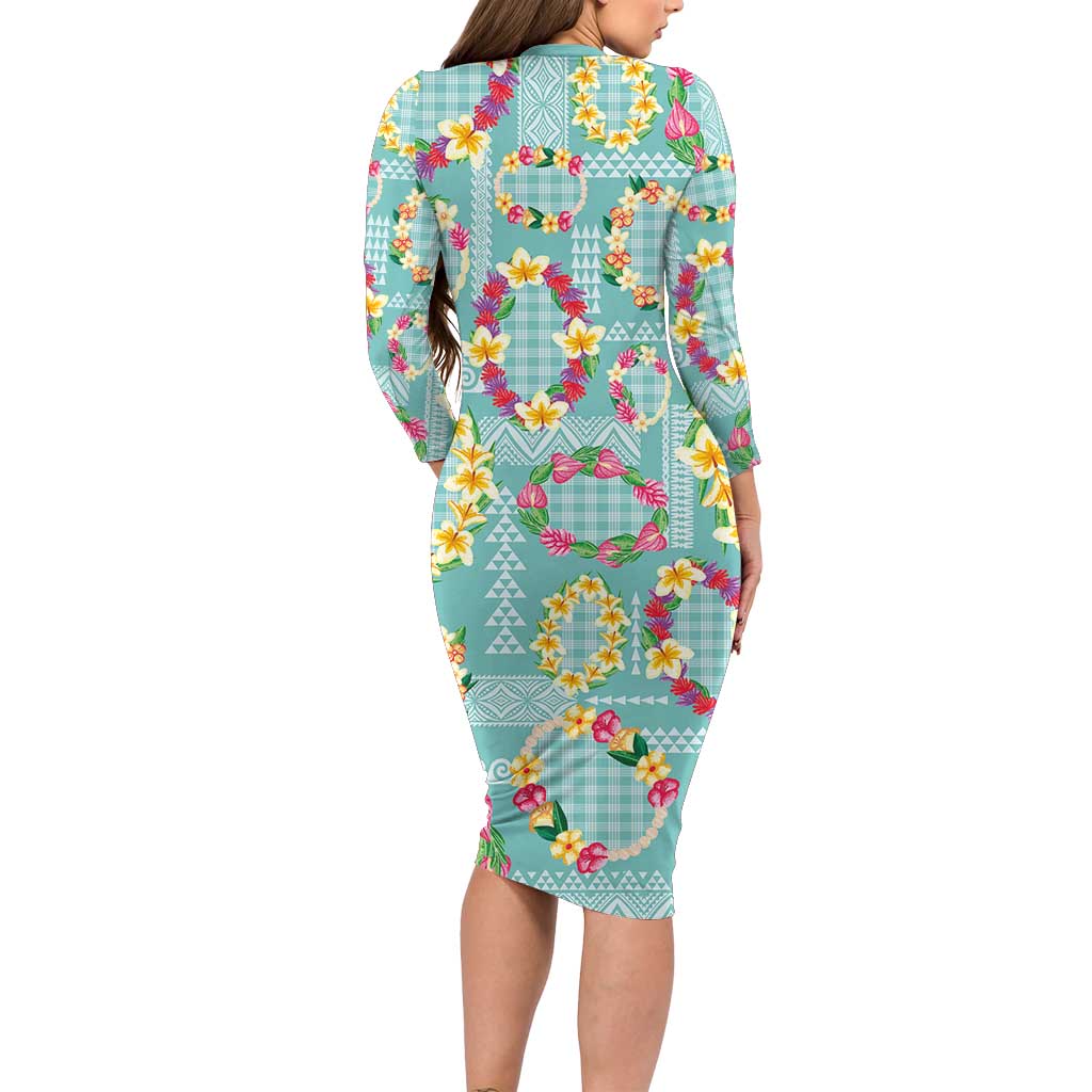 Hawaiian Leis Long Sleeve Bodycon Dress Kakau Tattoos and Palaka Pastel Teal Color