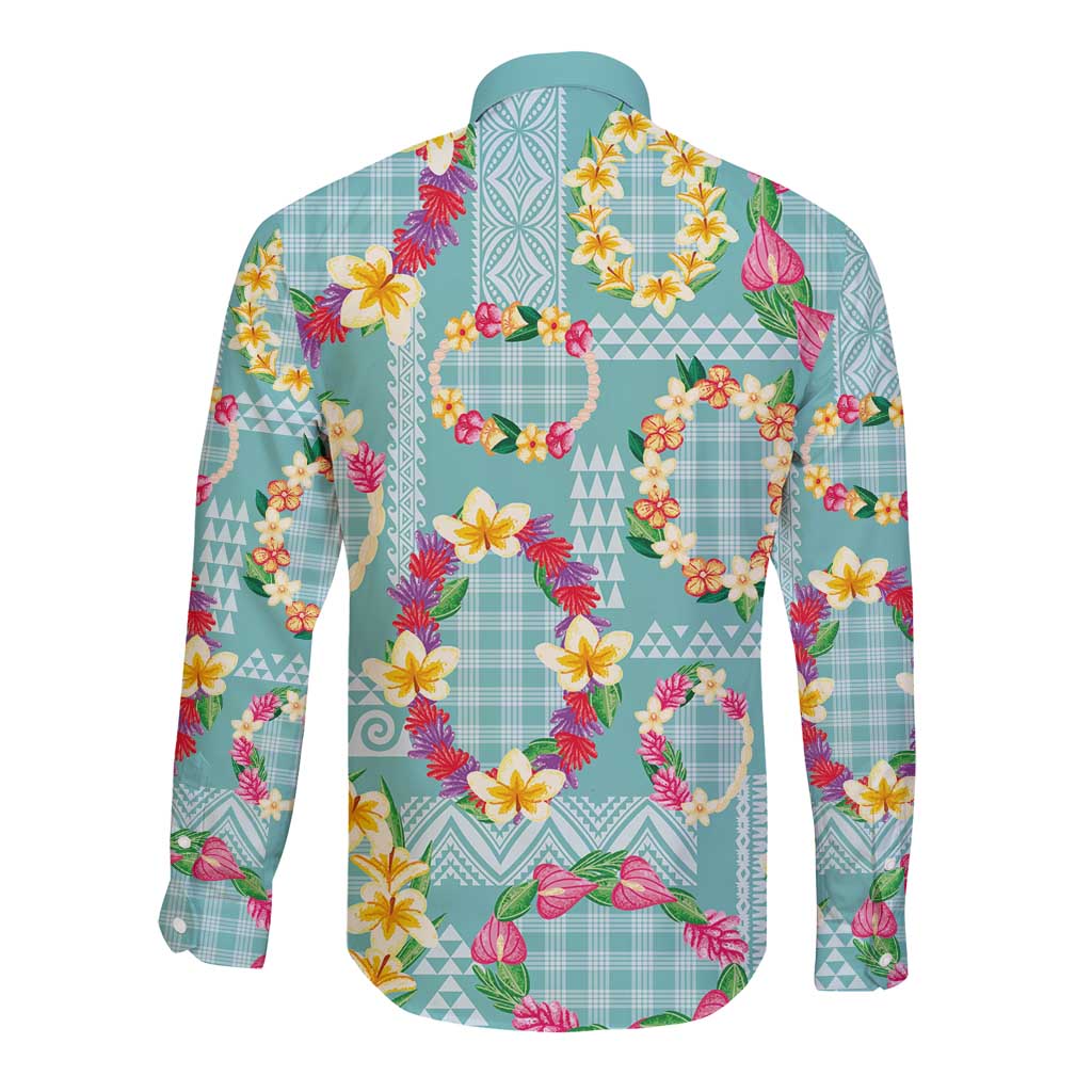 Hawaiian Leis Long Sleeve Button Shirt Kakau Tattoos and Palaka Pastel Teal Color