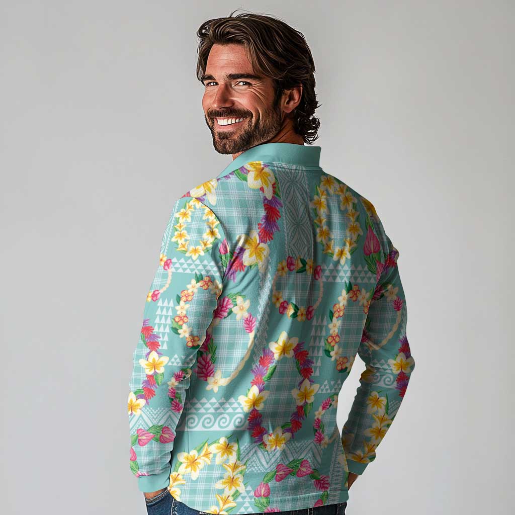 Hawaiian Leis Long Sleeve Polo Shirt Kakau Tattoos and Palaka Pastel Teal Color
