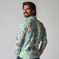 Hawaiian Leis Long Sleeve Polo Shirt Kakau Tattoos and Palaka Pastel Teal Color