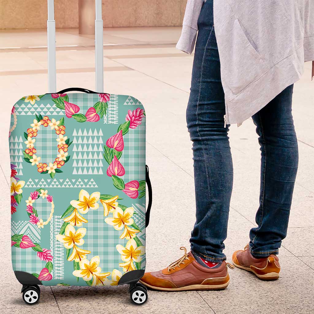 Hawaiian Leis Luggage Cover Kakau Tattoos and Palaka Pastel Teal Color
