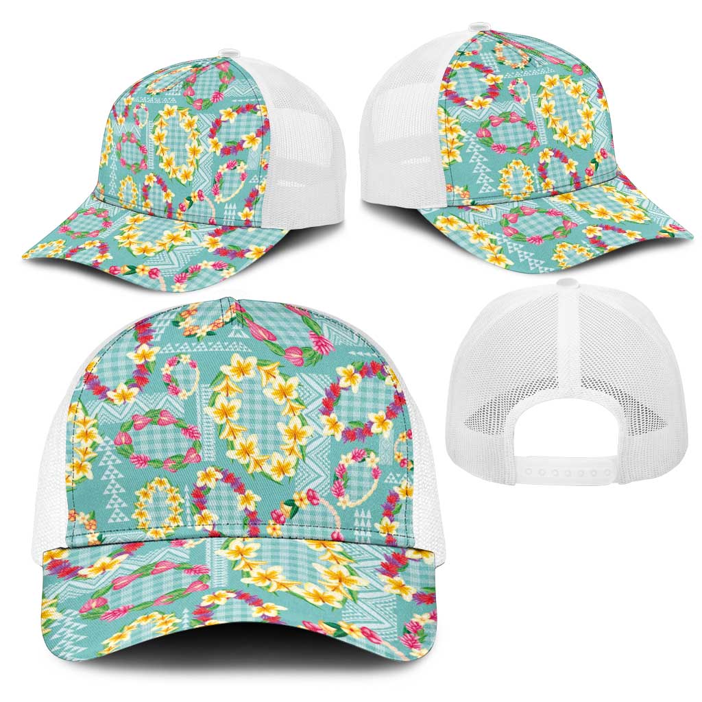 Hawaiian Leis Mesh Trucker Cap Kakau Tattoos and Palaka Pastel Teal Color