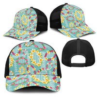 Hawaiian Leis Mesh Trucker Cap Kakau Tattoos and Palaka Pastel Teal Color