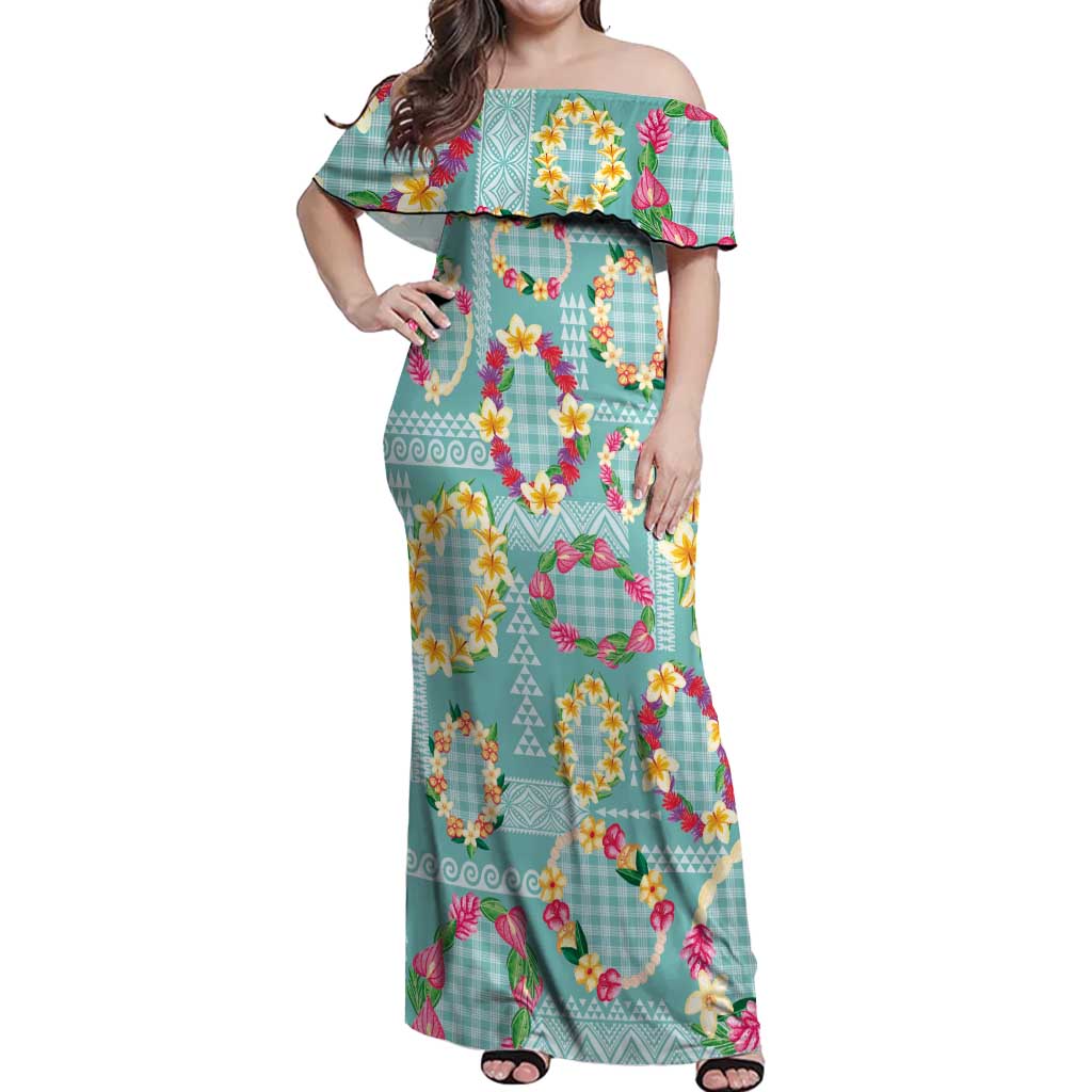 Hawaiian Leis Off Shoulder Maxi Dress Kakau Tattoos and Palaka Pastel Teal Color