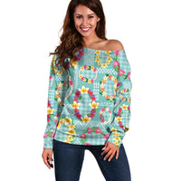 Hawaiian Leis Off Shoulder Sweater Kakau Tattoos and Palaka Pastel Teal Color
