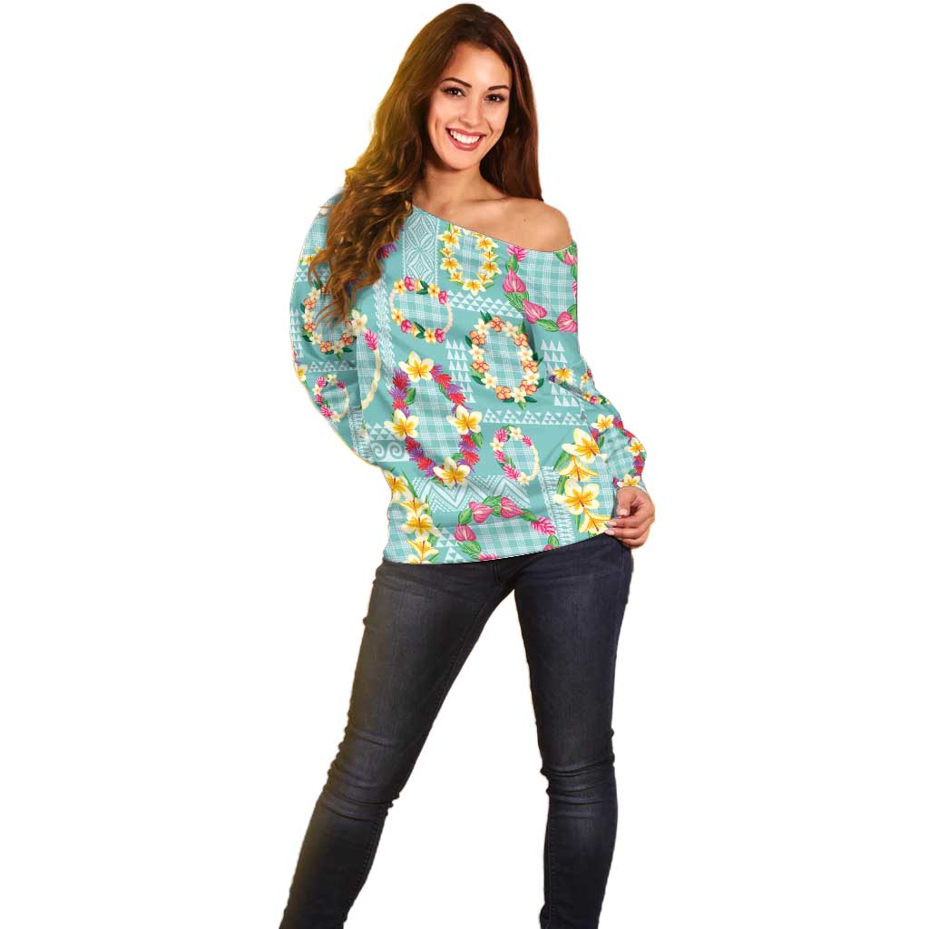 Hawaiian Leis Off Shoulder Sweater Kakau Tattoos and Palaka Pastel Teal Color