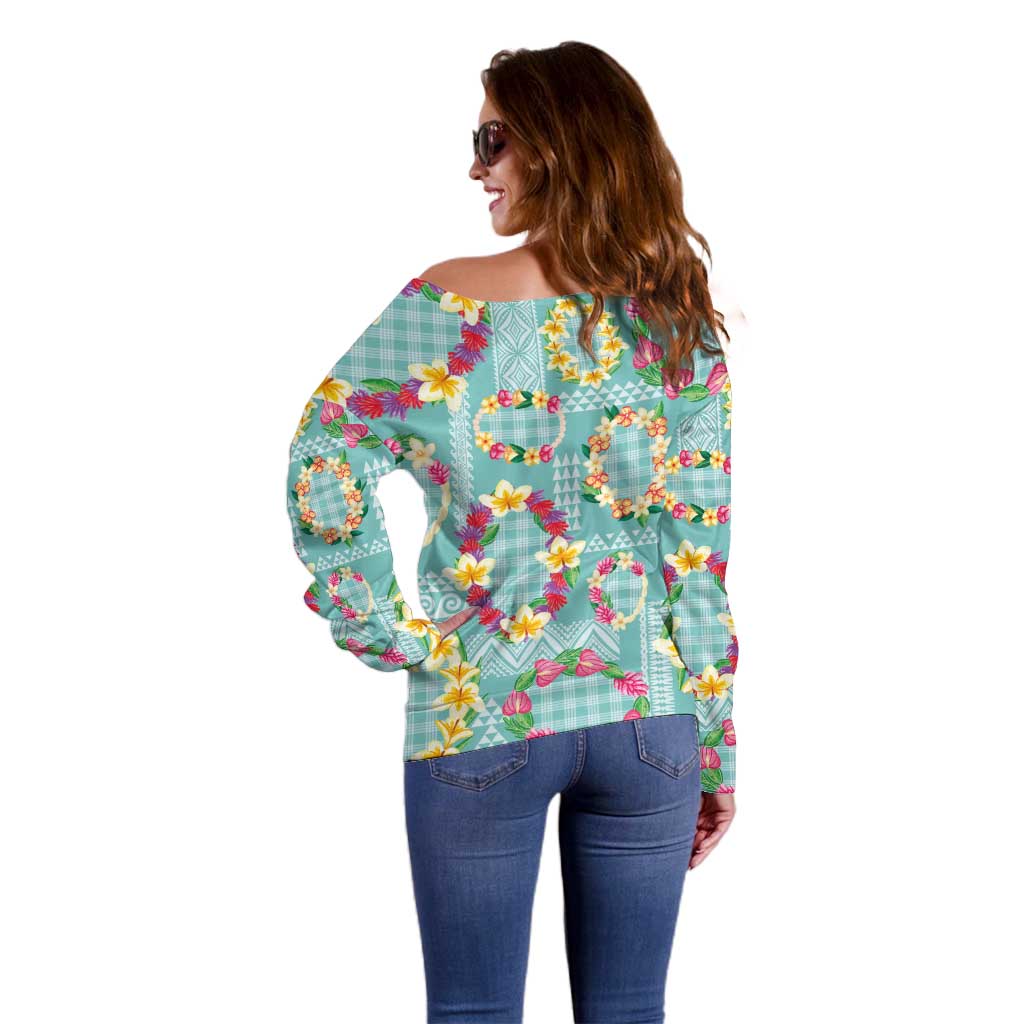 Hawaiian Leis Off Shoulder Sweater Kakau Tattoos and Palaka Pastel Teal Color