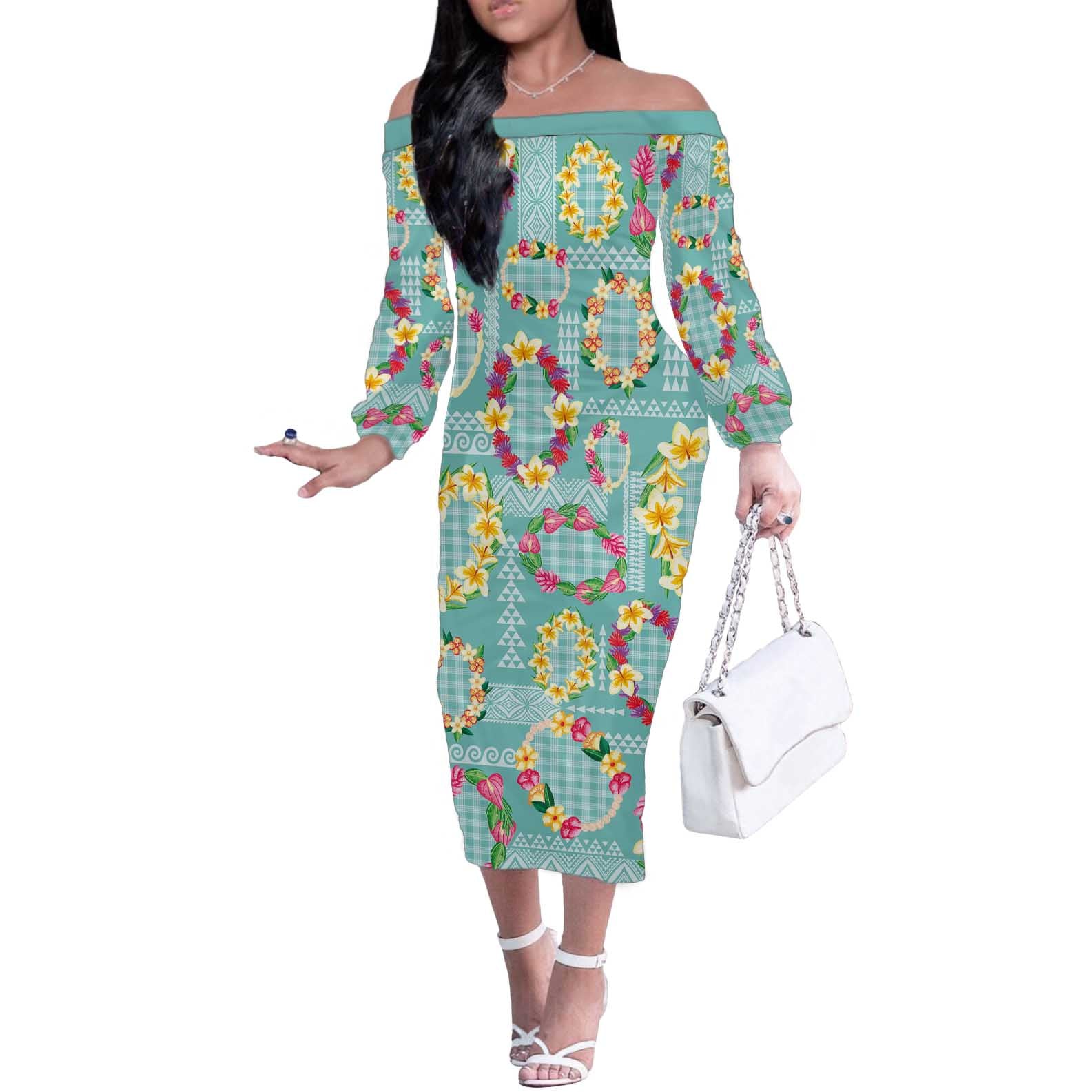 Hawaiian Leis Off The Shoulder Long Sleeve Dress Kakau Tattoos and Palaka Pastel Teal Color