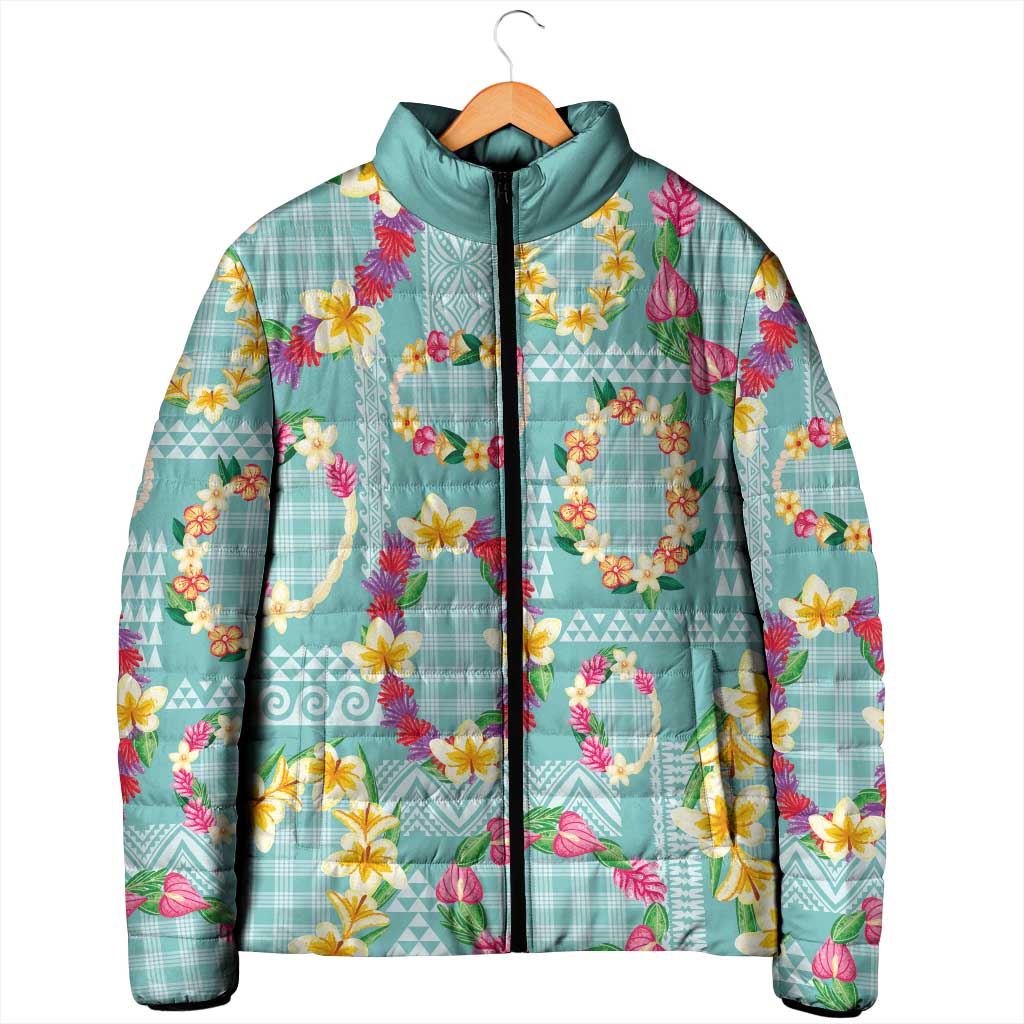 Hawaiian Leis Padded Jacket Kakau Tattoos and Palaka Pastel Teal Color