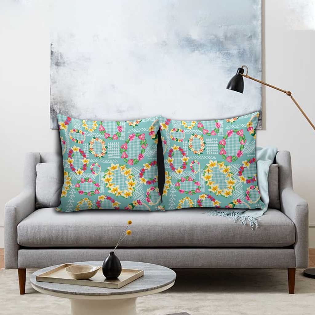 Hawaiian Leis Pillow Cover Kakau Tattoos and Palaka Pastel Teal Color