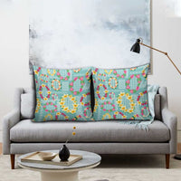 Hawaiian Leis Pillow Cover Kakau Tattoos and Palaka Pastel Teal Color
