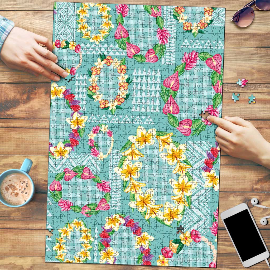 Hawaiian Leis Puzzle Kakau Tattoos and Palaka Pastel Teal Color