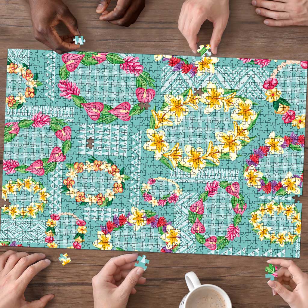 Hawaiian Leis Puzzle Kakau Tattoos and Palaka Pastel Teal Color