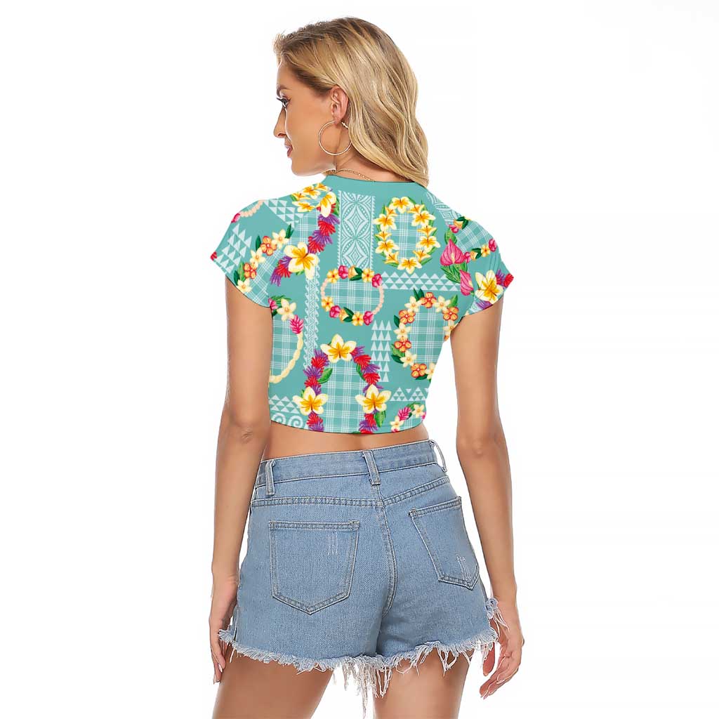 Hawaiian Leis Raglan Cropped T Shirt Kakau Tattoos and Palaka Pastel Teal Color