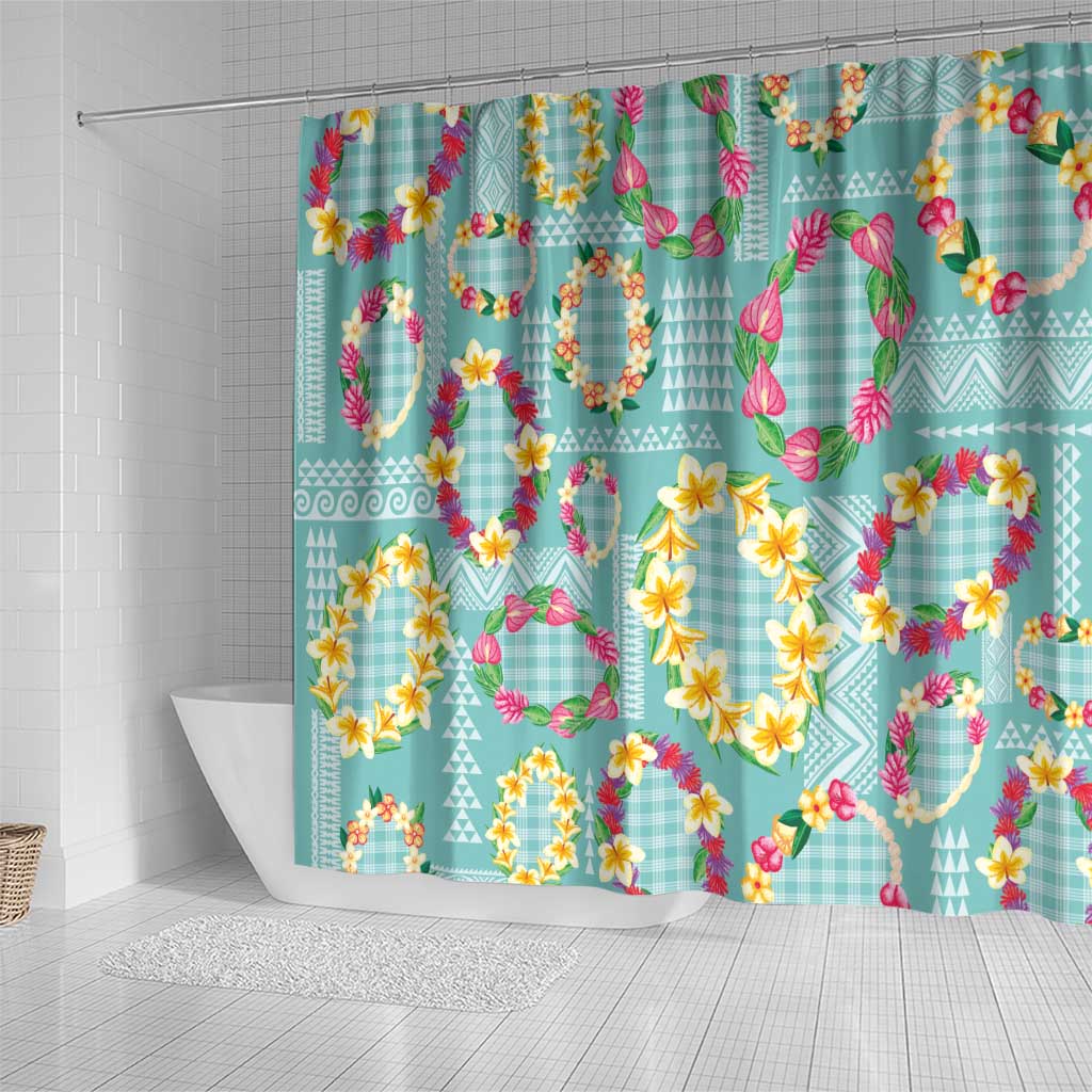 Hawaiian Leis Shower Curtain Kakau Tattoos and Palaka Pastel Teal Color