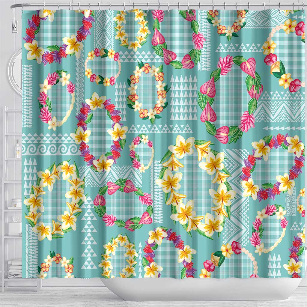 Hawaiian Leis Shower Curtain Kakau Tattoos and Palaka Pastel Teal Color