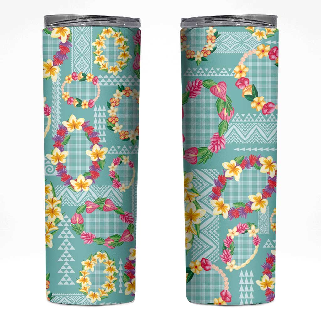 Hawaiian Leis Skinny Tumbler Kakau Tattoos and Palaka Pastel Teal Color