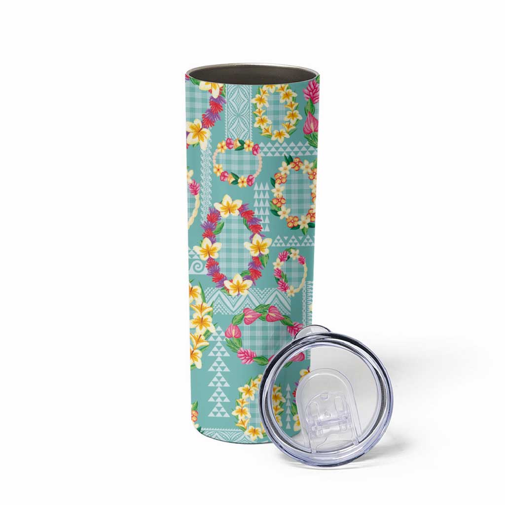 Hawaiian Leis Skinny Tumbler Kakau Tattoos and Palaka Pastel Teal Color
