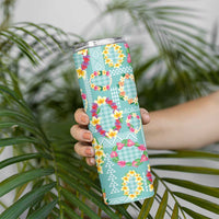 Hawaiian Leis Skinny Tumbler Kakau Tattoos and Palaka Pastel Teal Color