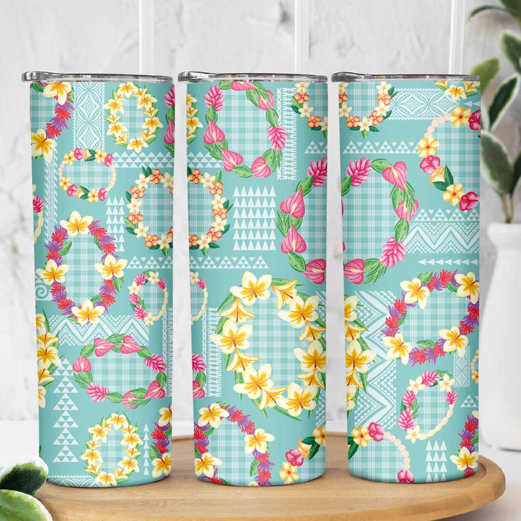 Hawaiian Leis Skinny Tumbler Kakau Tattoos and Palaka Pastel Teal Color