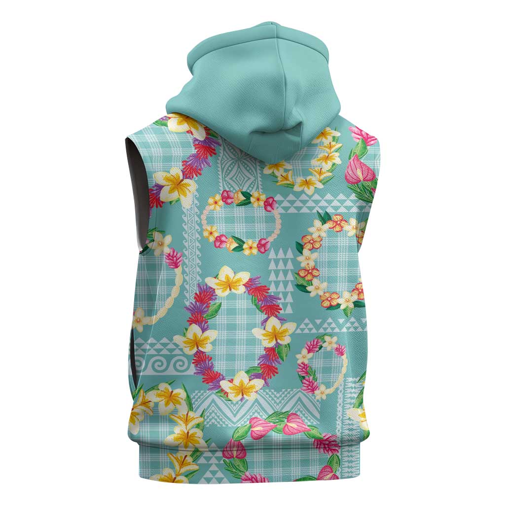 Hawaiian Leis Sleeveless Hoodie Kakau Tattoos and Palaka Pastel Teal Color