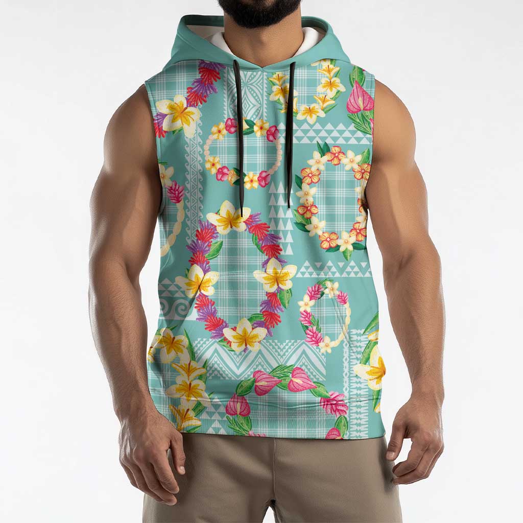 Hawaiian Leis Sleeveless Hoodie Kakau Tattoos and Palaka Pastel Teal Color