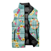 Hawaiian Leis Sleeveless Puffer Jacket Kakau Tattoos and Palaka Pastel Teal Color
