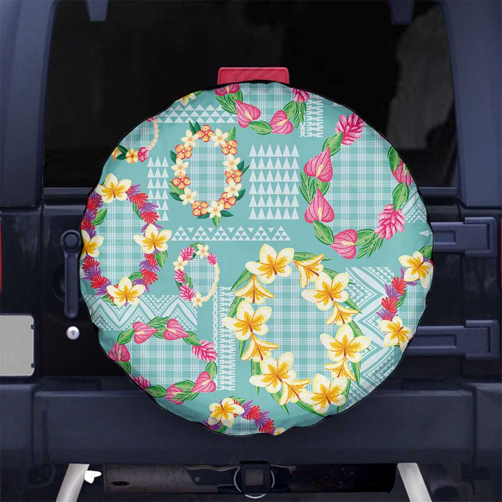 Hawaiian Leis Spare Tire Cover Kakau Tattoos and Palaka Pastel Teal Color