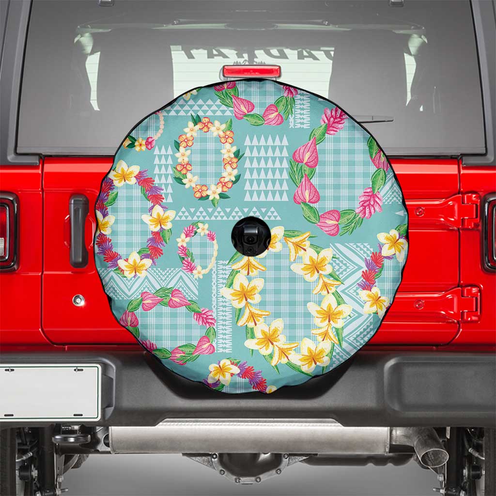 Hawaiian Leis Spare Tire Cover Kakau Tattoos and Palaka Pastel Teal Color
