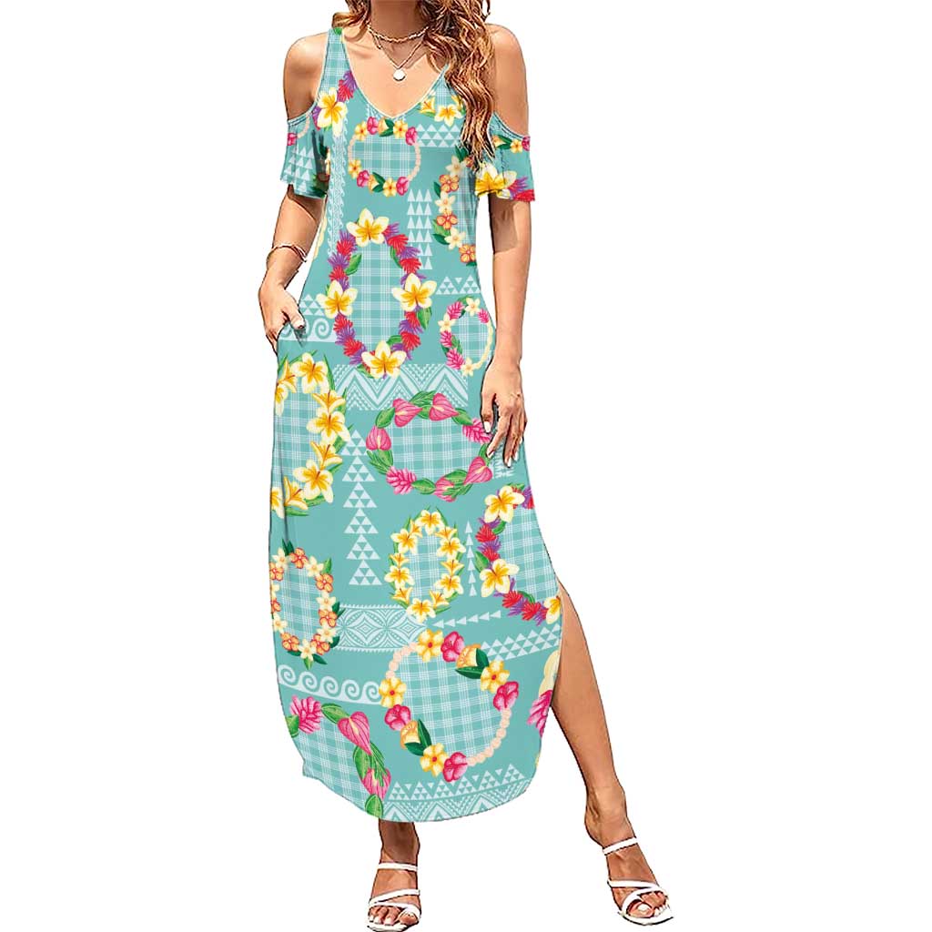 Hawaiian Leis Summer Maxi Dress Kakau Tattoos and Palaka Pastel Teal Color