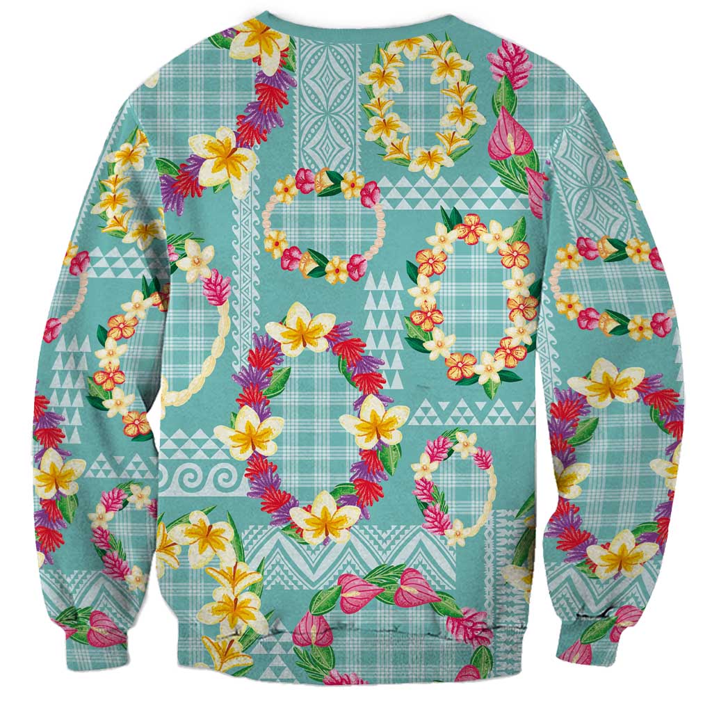 Hawaiian Leis Sweatshirt Kakau Tattoos and Palaka Pastel Teal Color