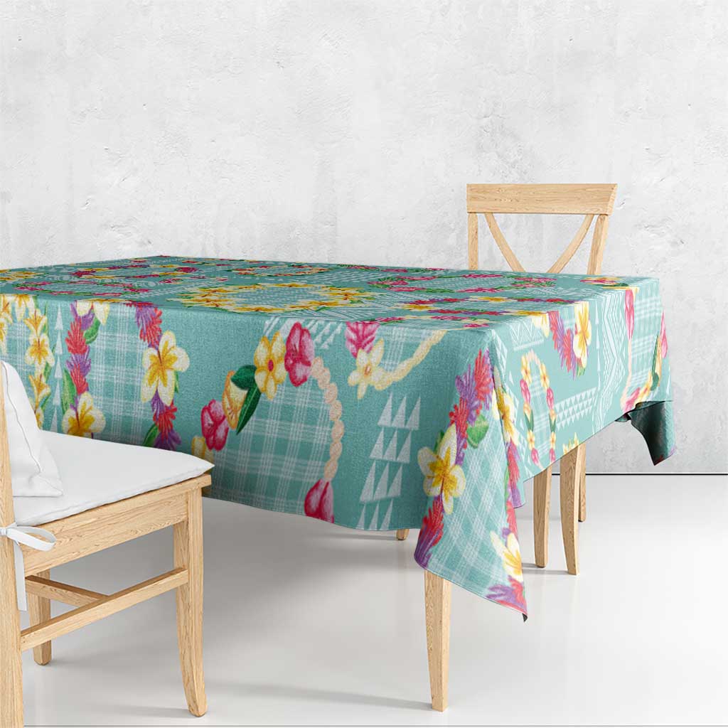 Hawaiian Leis Tablecloth Kakau Tattoos and Palaka Pastel Teal Color