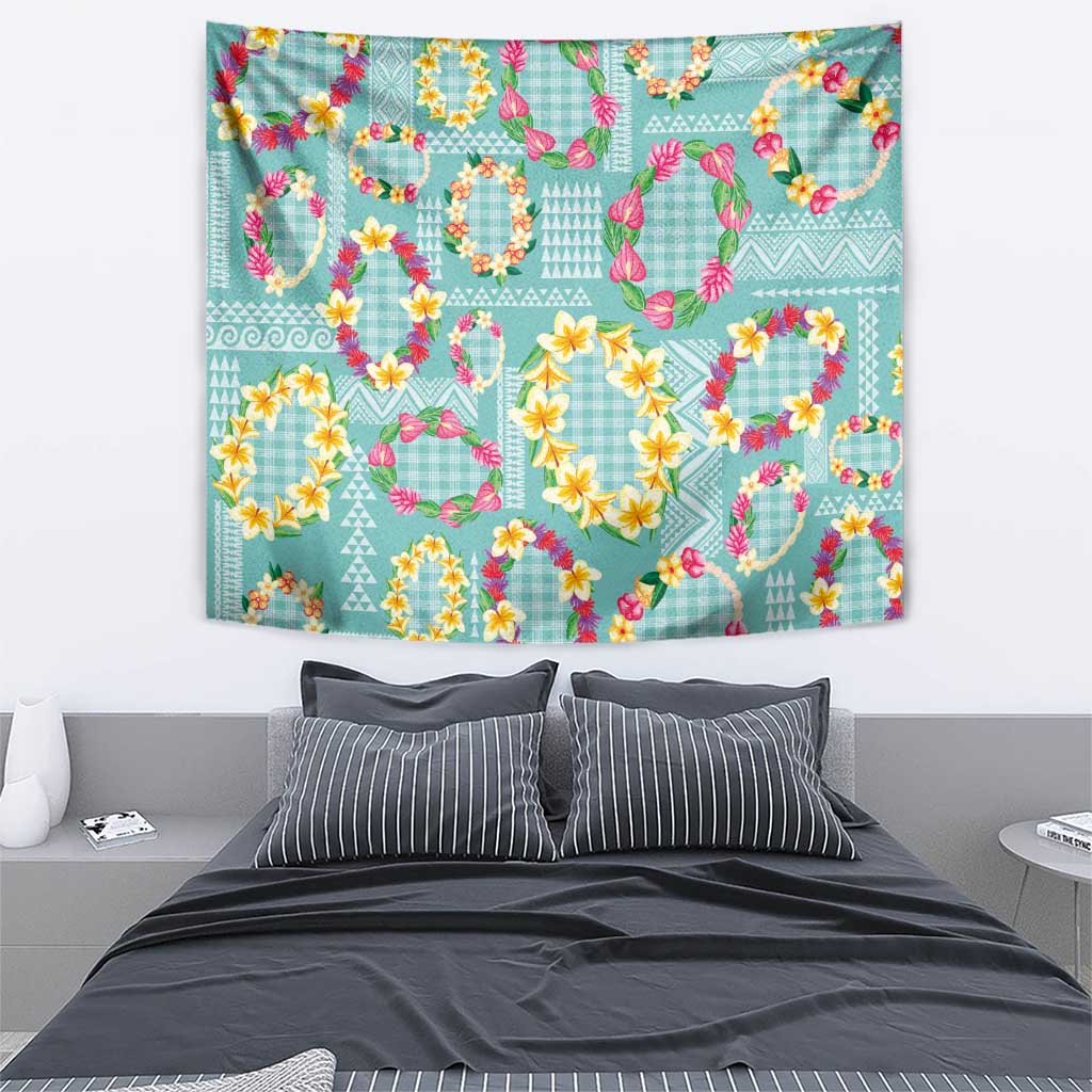 Hawaiian Leis Tapestry Kakau Tattoos and Palaka Pastel Teal Color