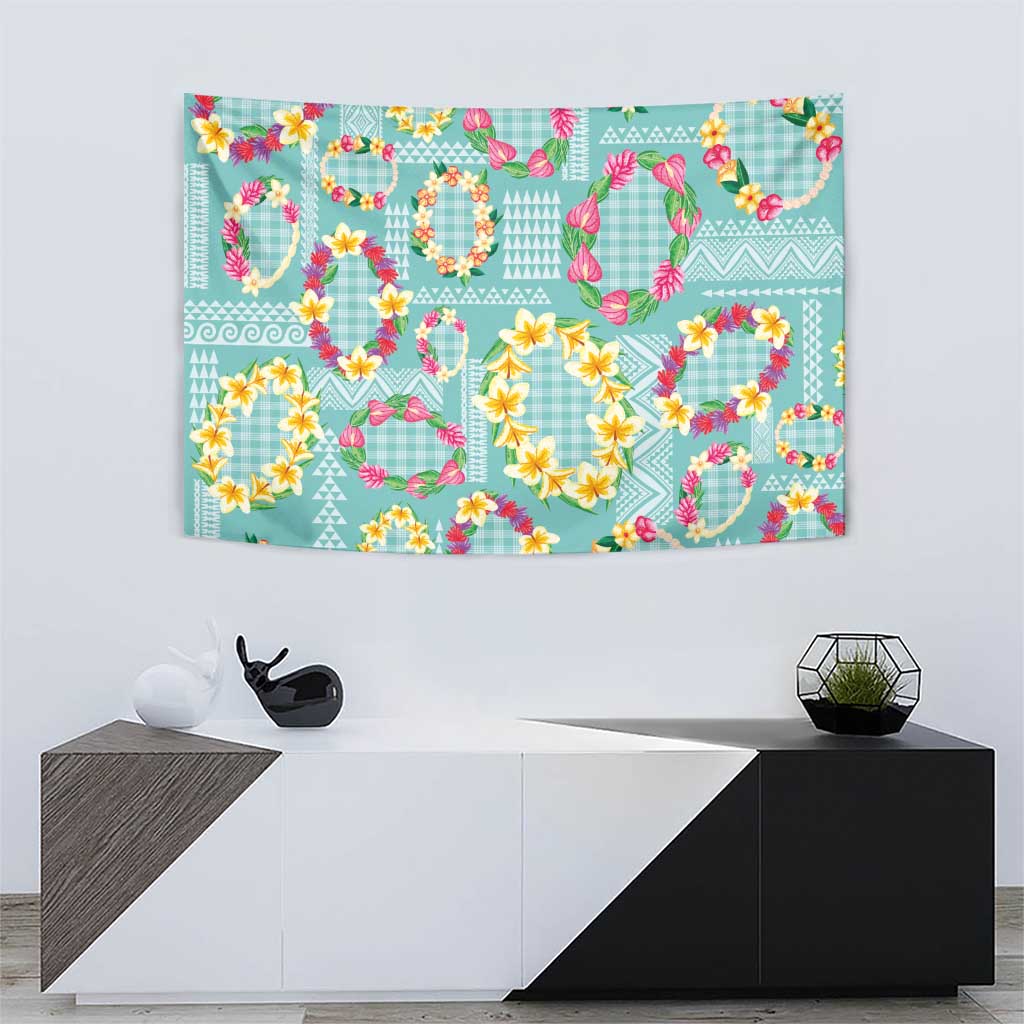 Hawaiian Leis Tapestry Kakau Tattoos and Palaka Pastel Teal Color
