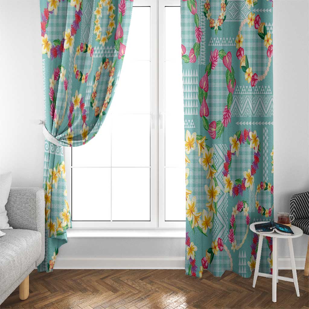 Hawaiian Leis Window Curtain Kakau Tattoos and Palaka Pastel Teal Color
