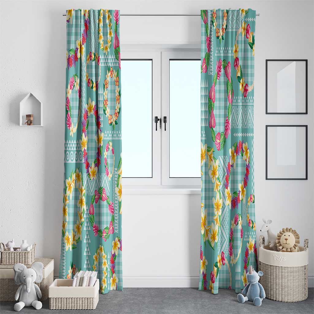 Hawaiian Leis Window Curtain Kakau Tattoos and Palaka Pastel Teal Color