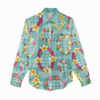 Hawaiian Leis Women Casual Shirt Kakau Tattoos and Palaka Pastel Teal Color