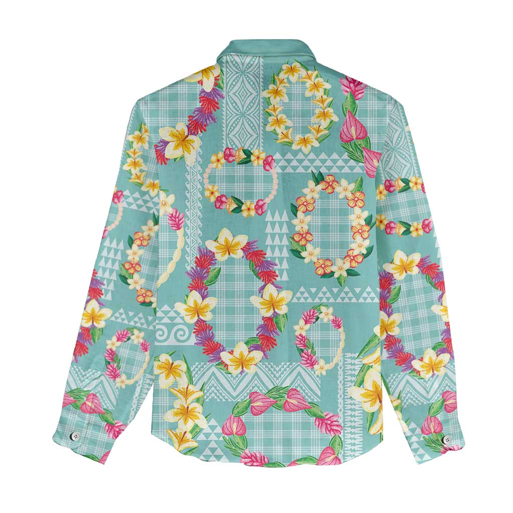 Hawaiian Leis Women Casual Shirt Kakau Tattoos and Palaka Pastel Teal Color