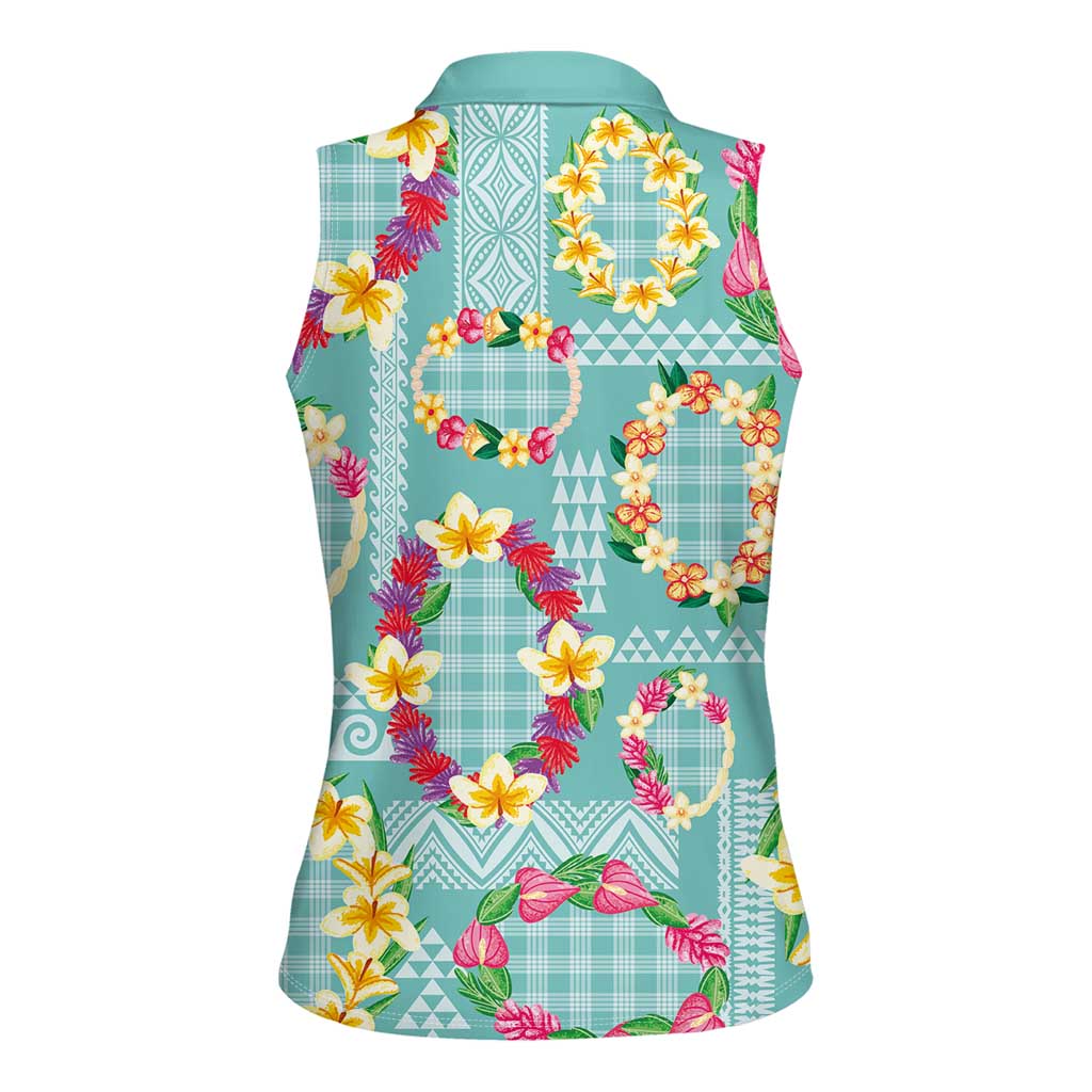 Hawaiian Leis Women Sleeveless Polo Shirt Kakau Tattoos and Palaka Pastel Teal Color