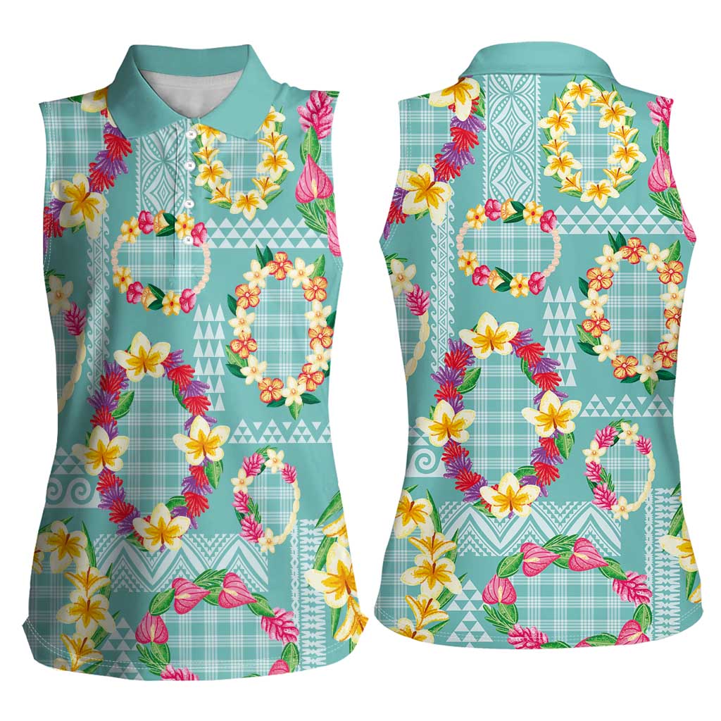 Hawaiian Leis Women Sleeveless Polo Shirt Kakau Tattoos and Palaka Pastel Teal Color