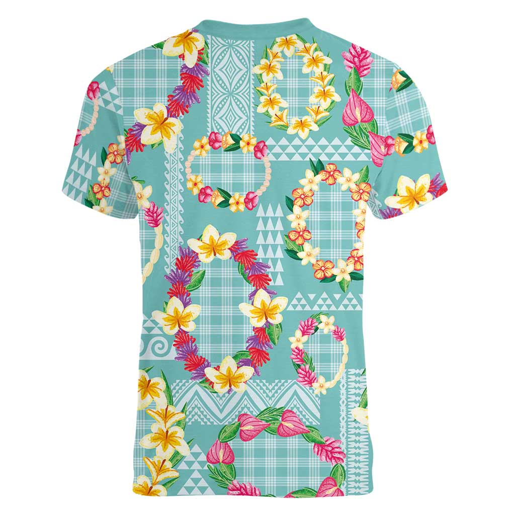 Hawaiian Leis Women V-Neck T-Shirt Kakau Tattoos and Palaka Pastel Teal Color