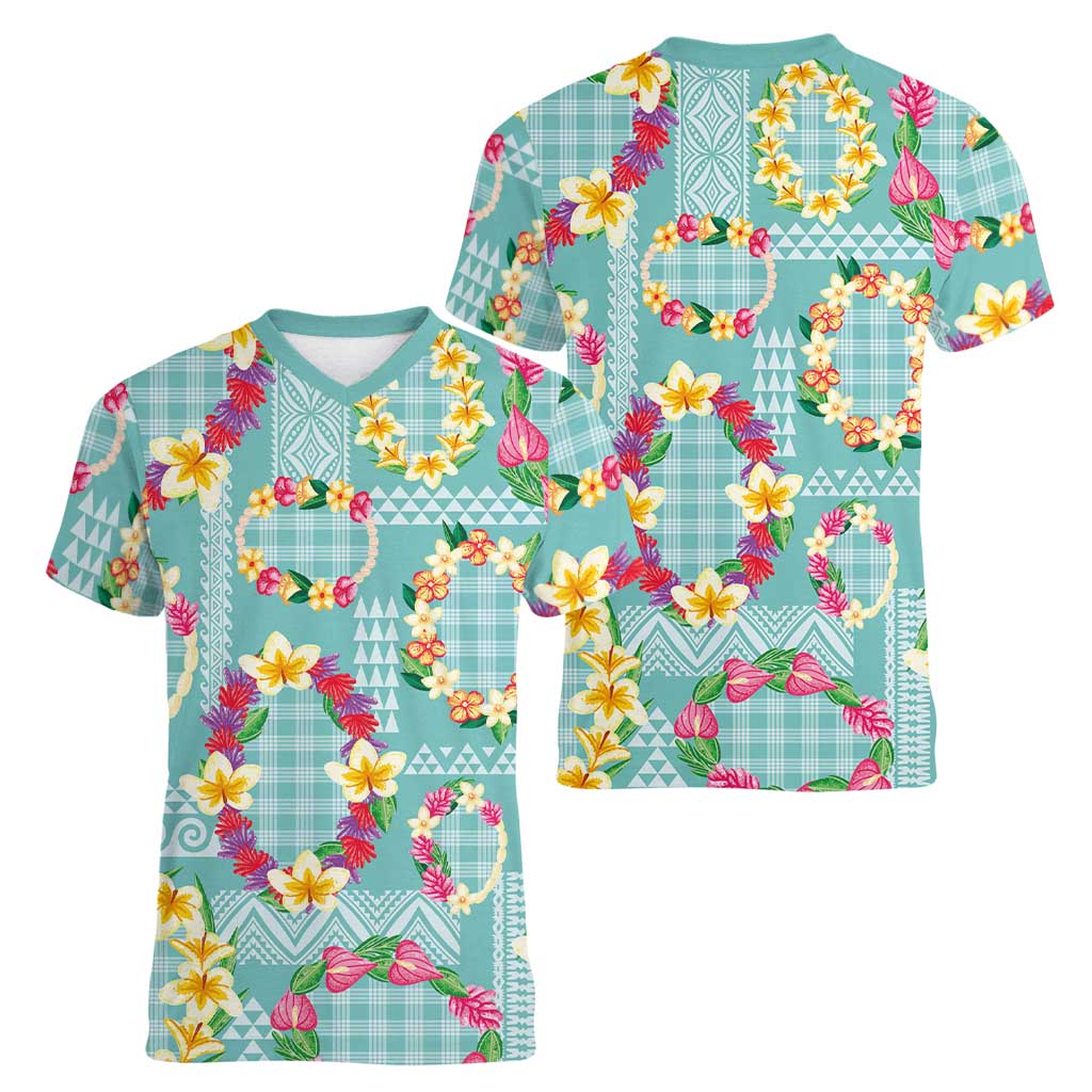 Hawaiian Leis Women V-Neck T-Shirt Kakau Tattoos and Palaka Pastel Teal Color