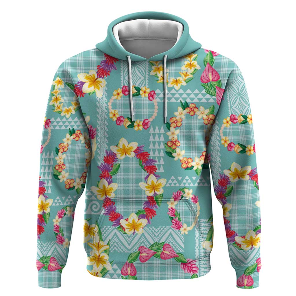 Hawaiian Leis Zip Hoodie Kakau Tattoos and Palaka Pastel Teal Color