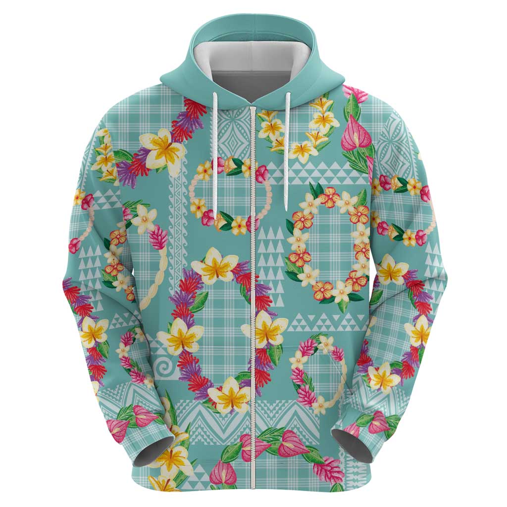 Hawaiian Leis Zip Hoodie Kakau Tattoos and Palaka Pastel Teal Color