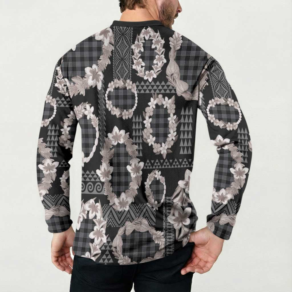 Hawaiian Leis Button Sweatshirt Kakau Tattoos and Palaka Pastel Grayscale